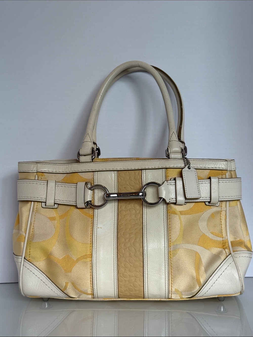 Coach Cream & Yellow Logo Stripe Shoulder Tote